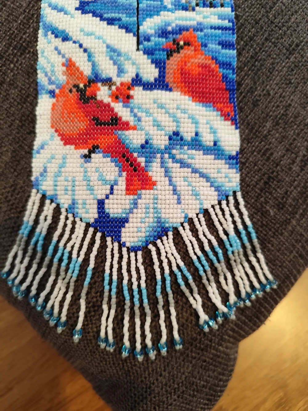 Handmade Beaded Cardinal Winter Necklace - Blue and Red